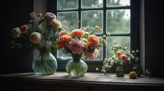 Kleurrijke bloemen in vazen op vensterbank Generatieve AI