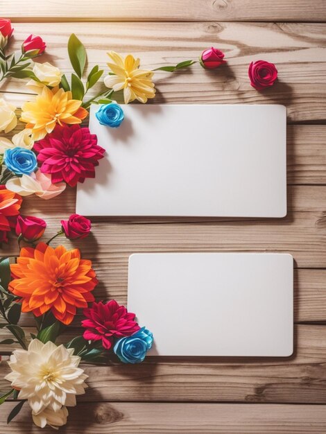 Foto kleurrijke bloemen op blauwe houten achtergrond levendige bloemenbloemen voor het genot van de natuur