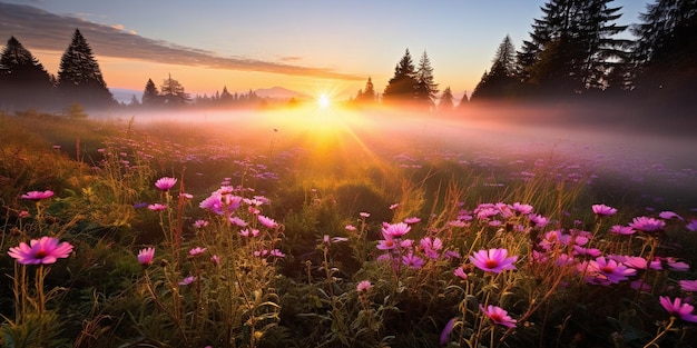 kleurrijke bloemen op wild veld bij ochtenddruppels dauw en zonnestraallicht