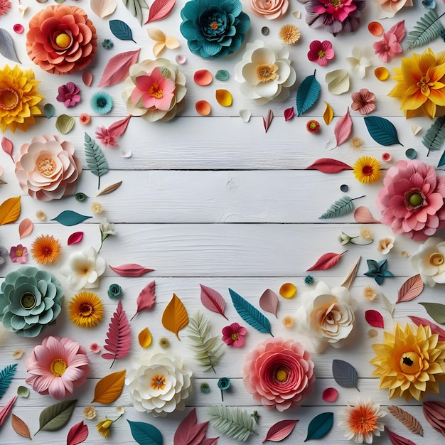 Foto kleurrijke bloemenbloemblaadjes grensdecoratie op witte houten tafel achtergrond