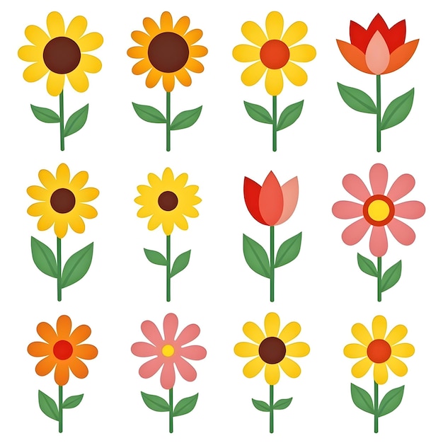 kleurrijke bloemenillustraties zonnebloemen tulpen madeliefjes bloemenelementen gestileerde bloemen eenvoudig