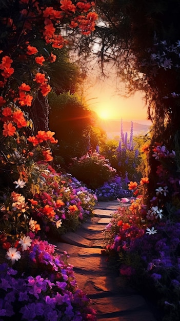 Kleurrijke bloementuin bij zonsondergang