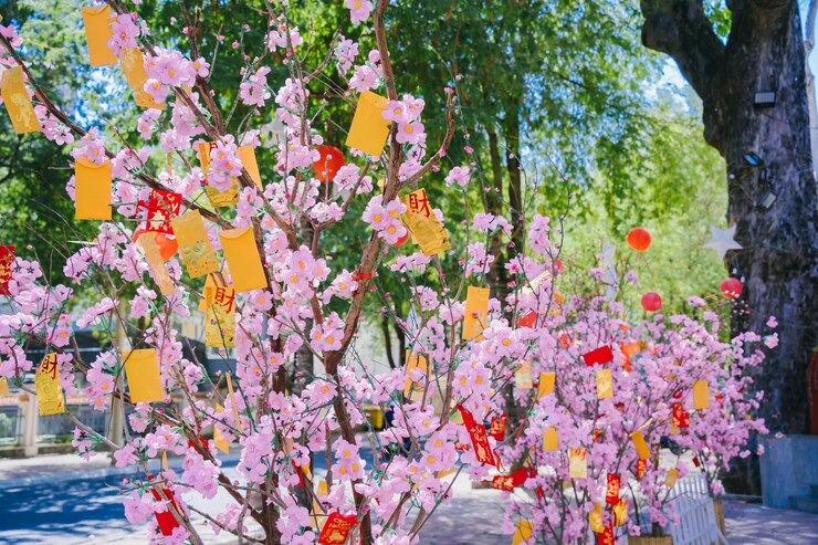 Foto kleurrijke bloesems bloeien in een klein dorp voor tet festival vietnam lunar year perzikbloem het symbool van vietnamese nieuwe maanjaar