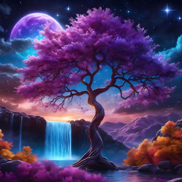 Foto kleurrijke bomen 's nachts verbazingwekkende sfeer met een waterval op de achtergrond van fonkelende sterren