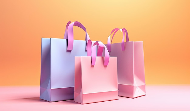 Kleurrijke boodschappentassen op lichte achtergrond e-commerce concept 3d render plat leggen