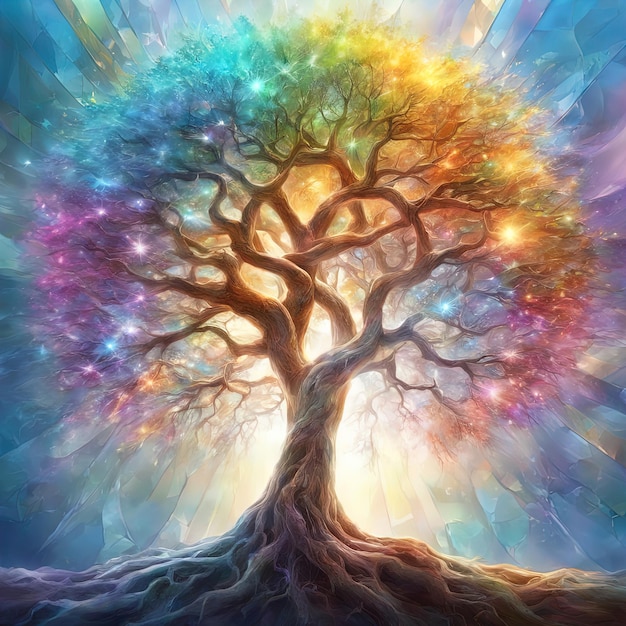 kleurrijke boom in de vorm van een hartkleurrijk schilderij van een boom met een kleurrijk fantasielandschap