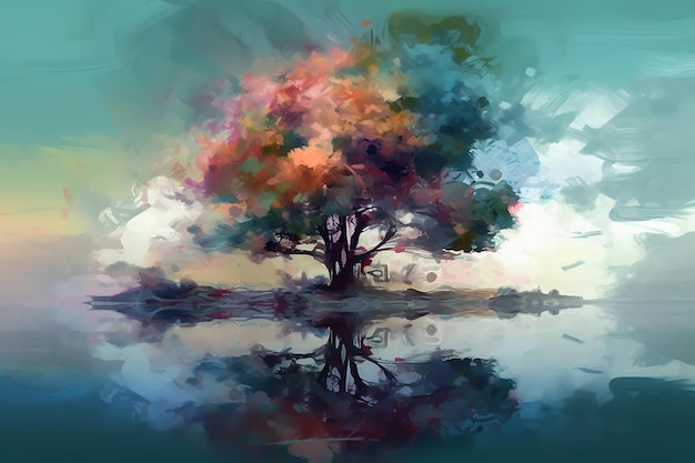 Kleurrijke boom in het meer Digitaal schilderen 2 generatieve ai