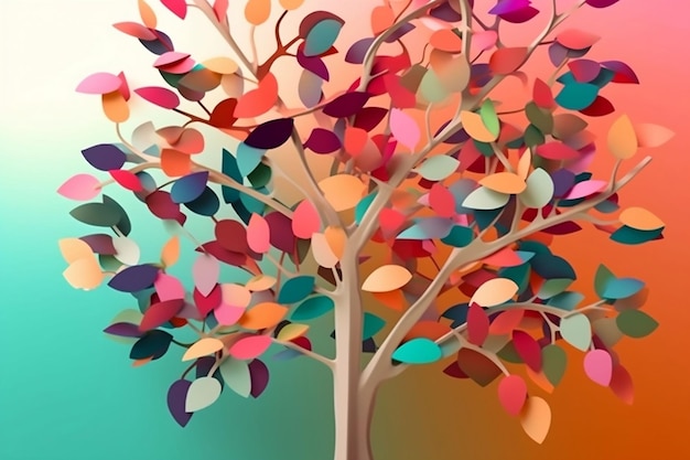 Kleurrijke boom met bladeren op hangende takken illustratie achtergrond 3d abstractie behang voor