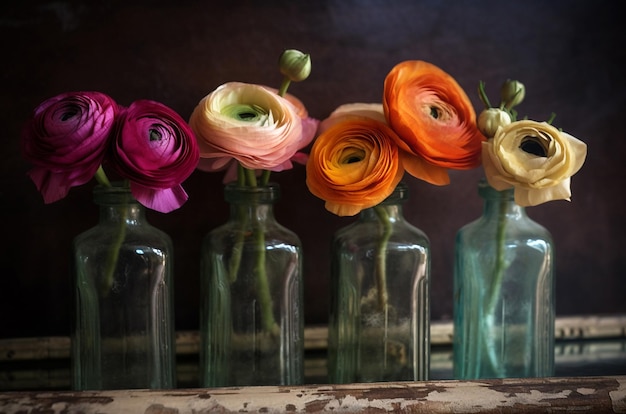 Kleurrijke Boterbloem in antieke stoffige flessen Generatieve ai