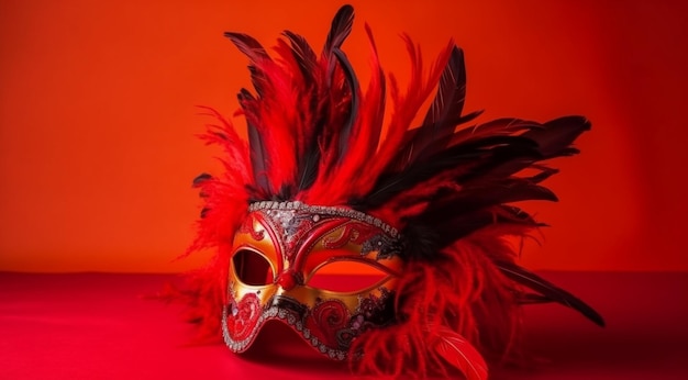 Kleurrijke Braziliaanse carnavalmasker op een rode achtergrond gemaakt met Generative AI-technologie