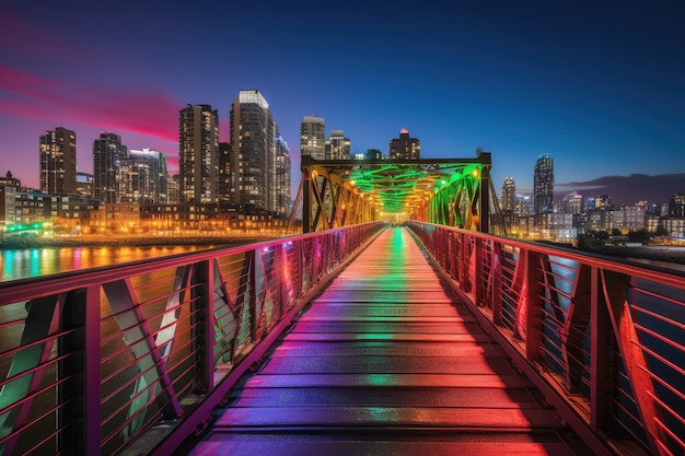 Kleurrijke brug met bruisende skyline van de stad op de achtergrond gemaakt met generatieve AI