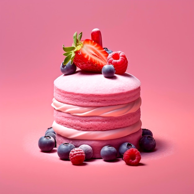 Kleurrijke cake met slagroom en bessen op een roze achtergrond TonedAI gegenereerd