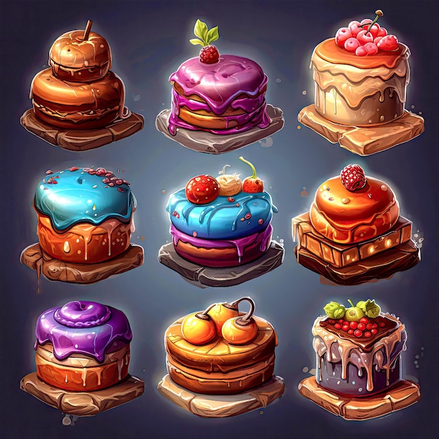 Foto kleurrijke cakes met room en bessen verschillende smaken sappige kleuren in de stijl van het schilderen casual 2d
