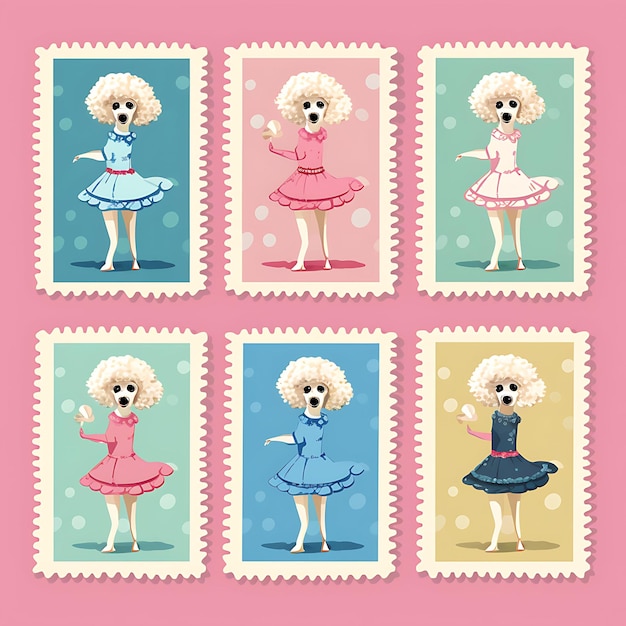 Foto kleurrijke capture a poodle dog with ballerina suit standing on hind le animal stamp collectie idee