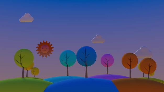 Kleurrijke cartoonscène van boom op rijstterrasheuvel met de achtergrond van de zonsonderganghemel (3D Rendering)