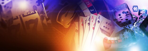 Foto kleurrijke casino spellen banner achtergrond speelkaarten roulette wiel craps en gokautomaten conceptuele 3d achtergrond
