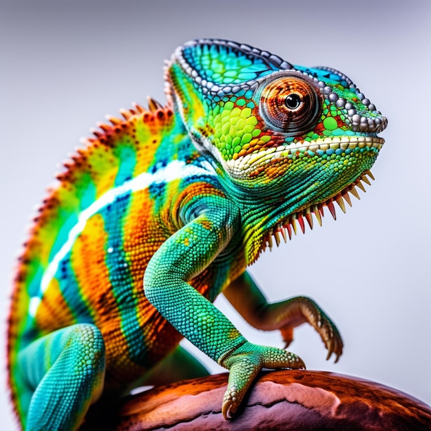 Foto kleurrijke chameleon op een tak close-up van een foto