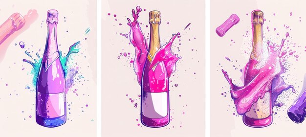 Foto kleurrijke champagneflessen besprenkeld met verf in roze paars en blauw als artistieke uitdrukking en viering van schoonheid