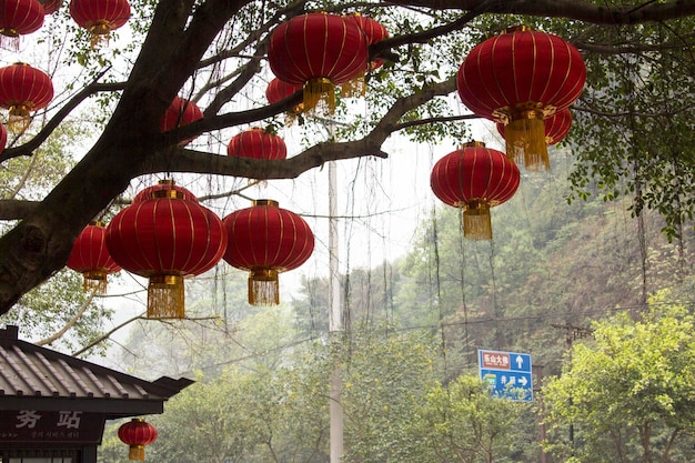Kleurrijke Chinese lantaarns op straat. Voorbereiding voor de Chinese nieuwjaarsviering