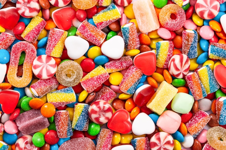 Foto kleurrijke chocolade dragee en verschillende snoepjes