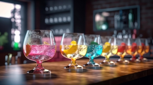 Kleurrijke cocktails opgesteld op een bar