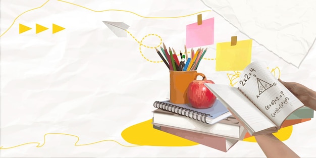 Kleurrijke collage van educatieve artikelen met een appel notitieboeken en stationnaire vector illustratie