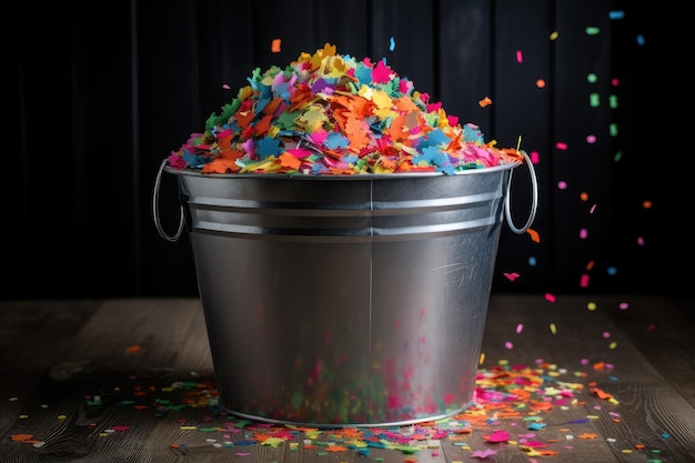 Kleurrijke confetti die overloopt uit een grote emmer, klaar voor een feestje