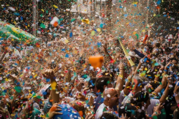 Kleurrijke confetti regent neer op een menigte mensen