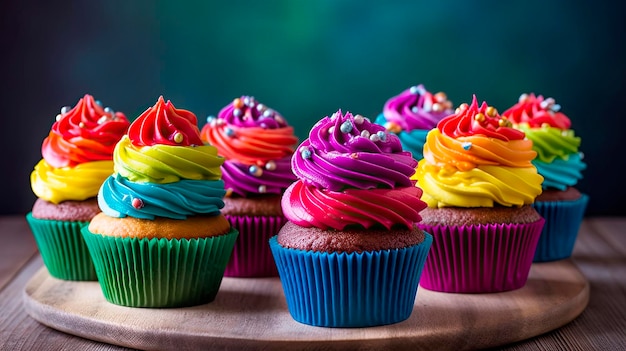 Kleurrijke cupcakes op een houten tafel Generatieve AI