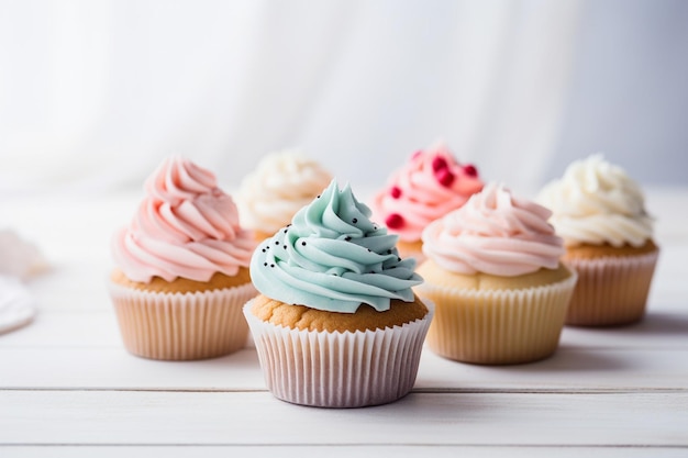 Kleurrijke cupcakes op een witte houten achtergrond