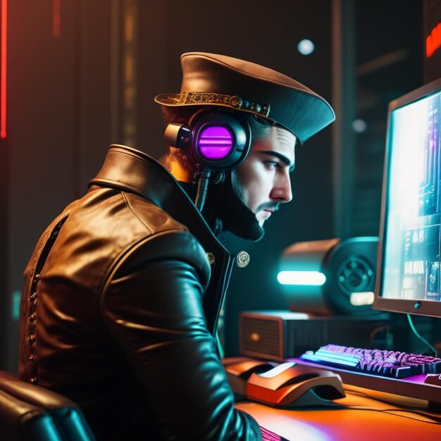 Kleurrijke cyberpunk futuristische gamer man en gaming pc