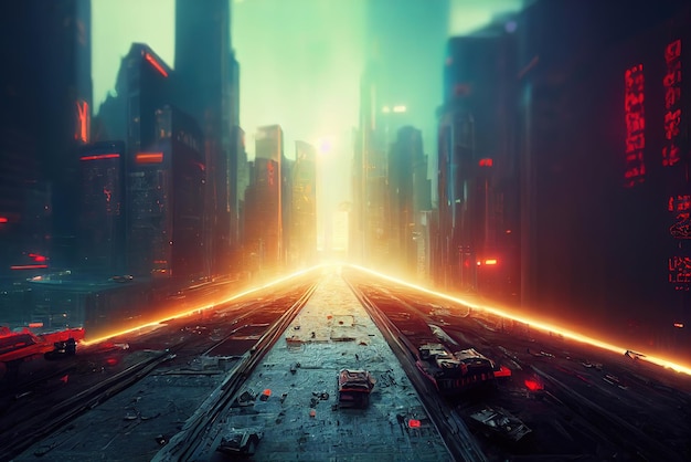 Kleurrijke Cyberpunk metaverse stad achtergrond Concept art Digitaal schilderen Fantasie illustratie