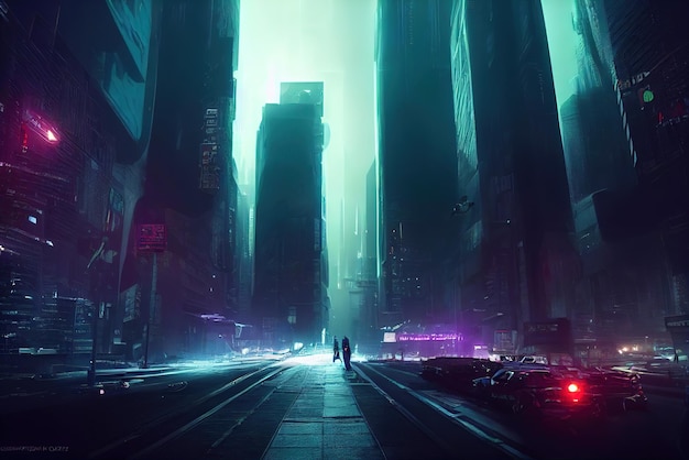 Kleurrijke Cyberpunk metaverse stad achtergrond Concept art Digitaal schilderen