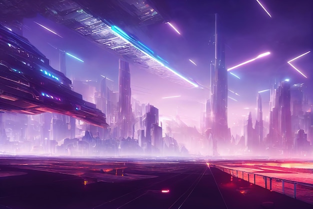 Kleurrijke Cyberpunk metaverse stad achtergrond in anime stijl Concept art digitaal schilderen Fantasy illustratie