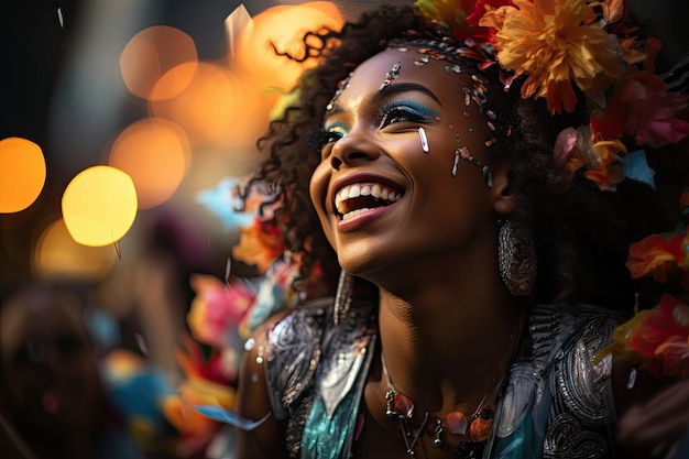 Kleurrijke dansers vieren carnaval rond een feestelijke praalwagen generatieve IA