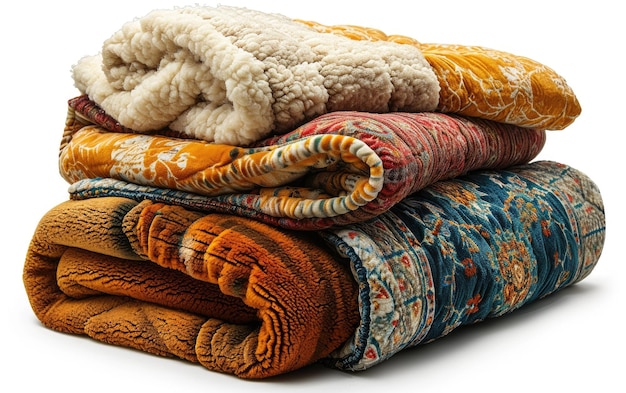 Kleurrijke dekens op elkaar gestapeld Levendig en gezellig interieur