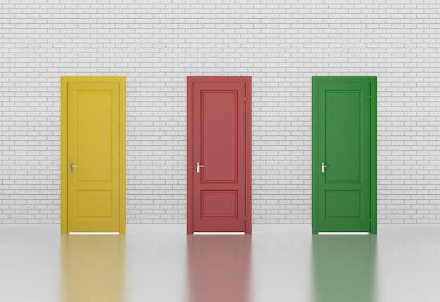 Kleurrijke deur open op witte muur 3D-rendering