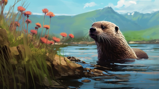 Kleurrijke digitale schilderij van een otter die in schilderachtig water zwemt