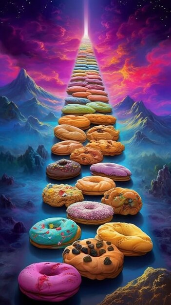 Foto kleurrijke donuts op een achtergrond van bergen 3d-rendering