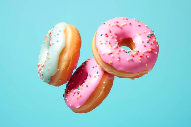 Kleurrijke donuts tijdens de vlucht op een blauwe achtergrond