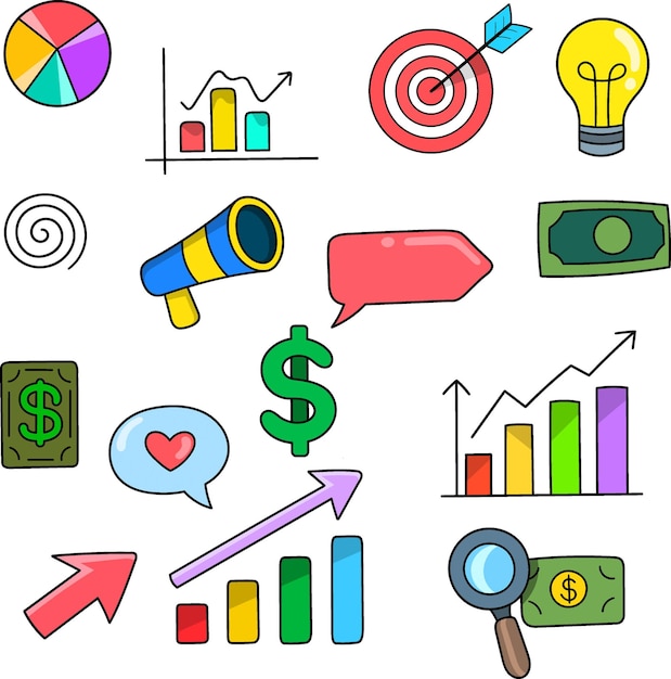 Kleurrijke Doodle-iconen voor marketing en groei