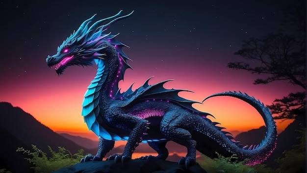 Kleurrijke draak kunst illustratie op donkere fantasy achtergrond Vibrant Neon Dragon