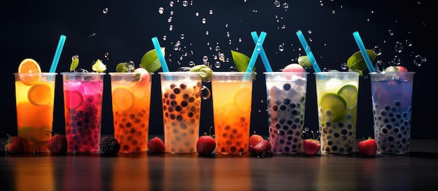 Kleurrijke dranken met tapioca bubbels in doorzichtige glazen tegen een verlichte achtergrond