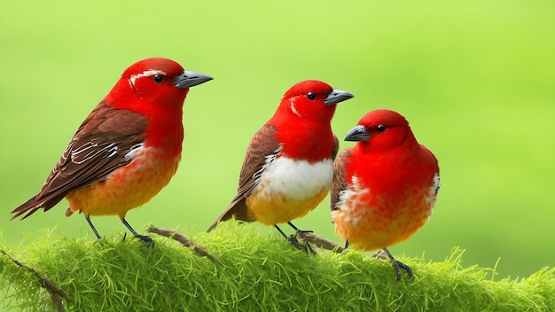 Foto kleurrijke drievoudige rode vogel zit op een tak in de bosbruggen met gegenereerde witte vlekken
