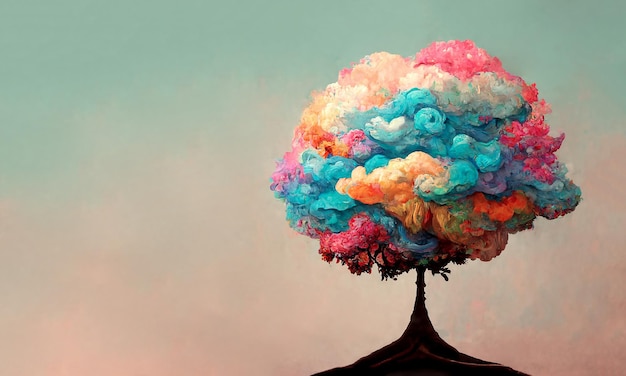 Kleurrijke dromerige boom met kopieerruimte, wolk in regenboogkleuren, abstract landschap, optimisme