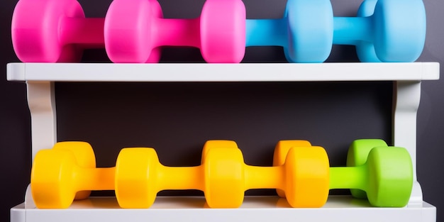 Kleurrijke dumbbells op een plank, waarvan er één roze, één blauw en één geel is.