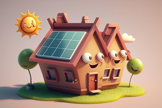 Kleurrijke ecohouse op kleur achtergrond Concept van hernieuwbare energie Huis met zonnepanelen op het dak Generatieve AI