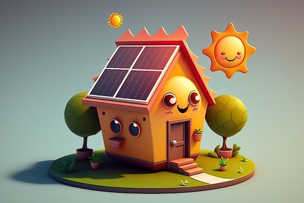 Kleurrijke ecohouse op kleur achtergrond Concept van hernieuwbare energie Huis met zonnepanelen op het dak Generatieve AI