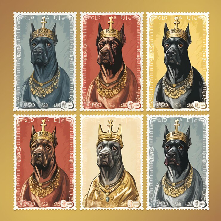 Foto kleurrijke een great dane dog met een royal kings pak draagt een gouden cr animal stamp collectie idee