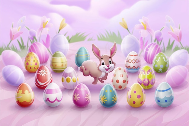 kleurrijke eester eieren staan in rijen en tussen hen eester konijn